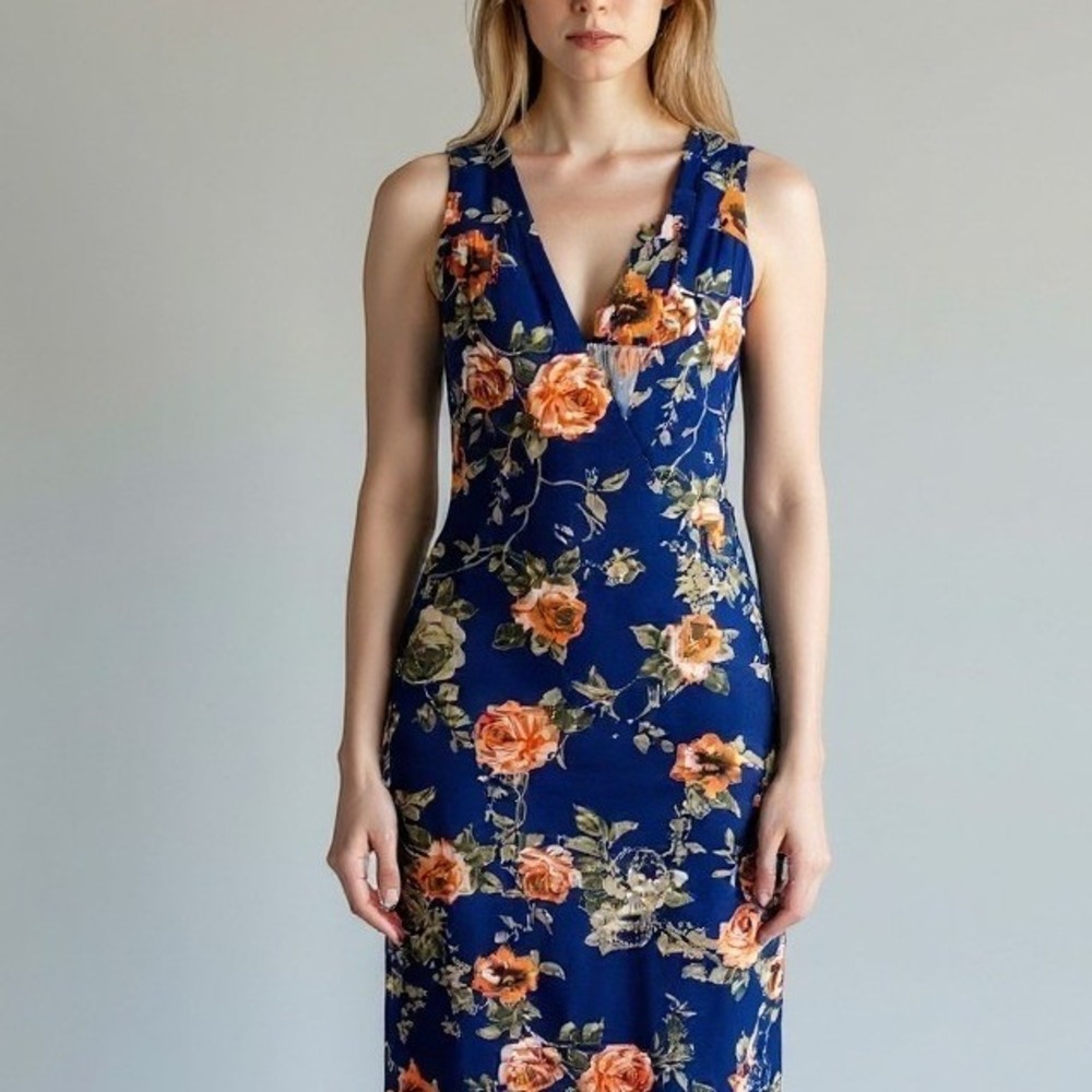 Veronica M Navy Floral‎ Sleeveless Tie Waist Wrap Dress Size Large DSS-2271